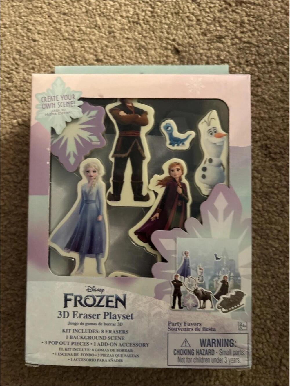 Frozen 3D Erasers w Background Play Scene Elsa Anna Sven Olaf School Office Toys